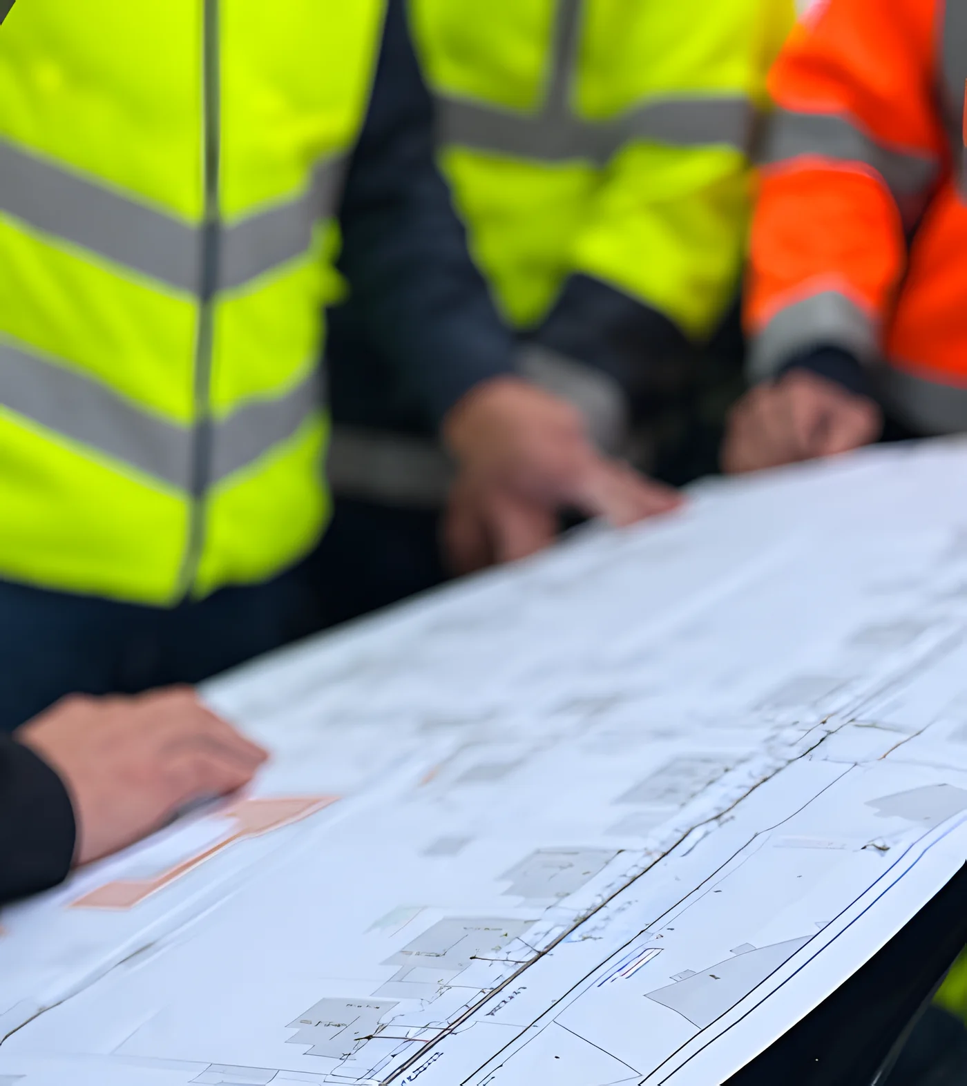 AK-BAU-Team bespricht einen Bauplan auf der Baustelle
